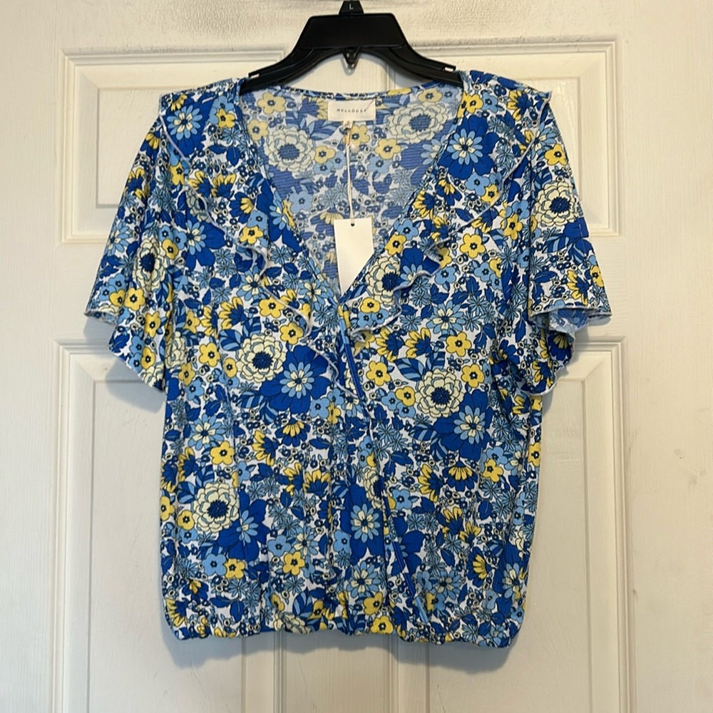 Melloday Blue and Yellow Floral Ruffle Top Size Small